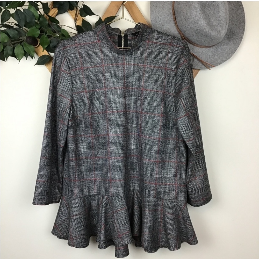 Zara Mock Neck Plaid Peplum Blouse
